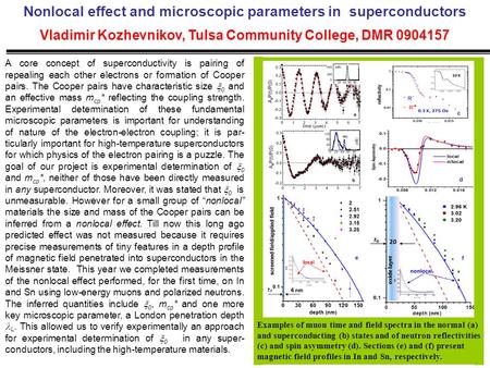 Nonlocal effect and microscopic parameters in superconductors Vladimir Kozhevnikov, Tulsa Community College, DMR 0904157 A core concept of superconductivity.