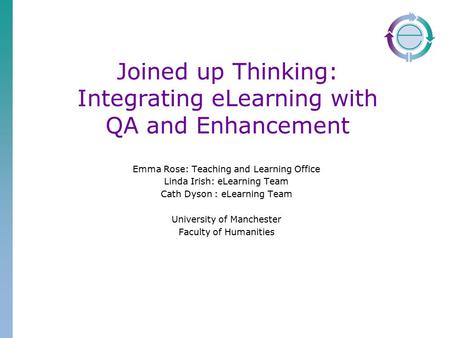 Joined up Thinking: Integrating eLearning with QA and Enhancement Emma Rose: Teaching and Learning Office Linda Irish: eLearning Team Cath Dyson : eLearning.