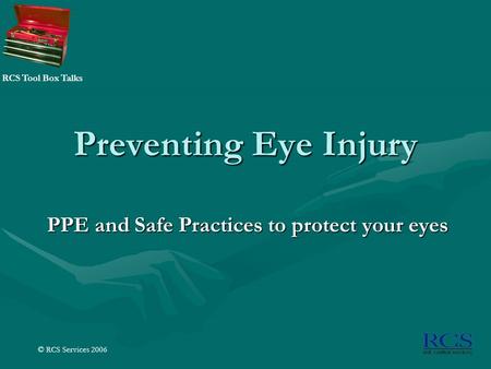 © RCS Services 2006 RCS Tool Box Talks Preventing Eye Injury PPE and Safe Practices to protect your eyes.