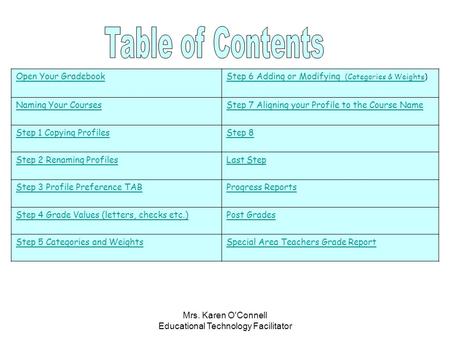 Mrs. Karen O'Connell Educational Technology Facilitator Open Your GradebookStep 6 Adding or Modifying (Categories & WeightsStep 6 Adding or Modifying (Categories.