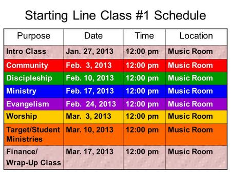 PurposeDateTimeLocation Intro ClassJan. 27, 201312:00 pmMusic Room CommunityFeb. 3, 201312:00 pmMusic Room DiscipleshipFeb. 10, 201312:00 pmMusic Room.