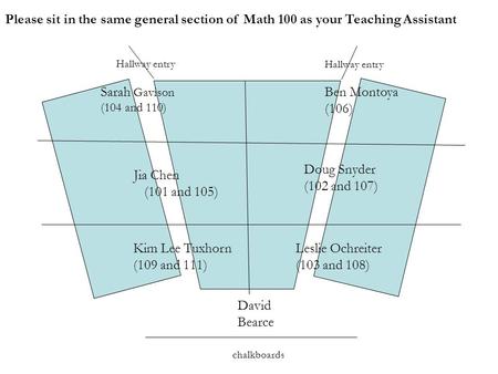 David Bearce Sarah Gavison (104 and 110) Ben Montoya (106) Jia Chen (101 and 105) Doug Snyder (102 and 107) Kim Lee Tuxhorn (109 and 111) Leslie Ochreiter.