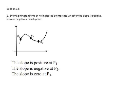 Section 1.5 1. By imagining tangents at he indicated points state whether the slope is positive, zero or negative at each point. P 1 P 2 P 3.