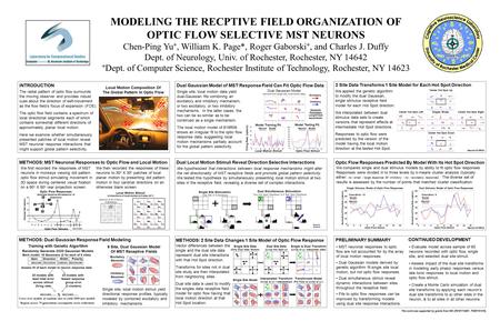 MODELING THE RECPTIVE FIELD ORGANIZATION OF OPTIC FLOW SELECTIVE MST NEURONS Chen-Ping Yu +, William K. Page*, Roger Gaborski +, and Charles J. Duffy Dept.