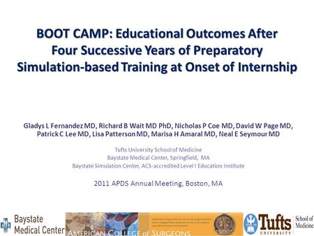 BOOT CAMP: Educational Outcomes After Four Successive Years of Preparatory Simulation-based Training at Onset of Internship Gladys L Fernandez MD, Richard.