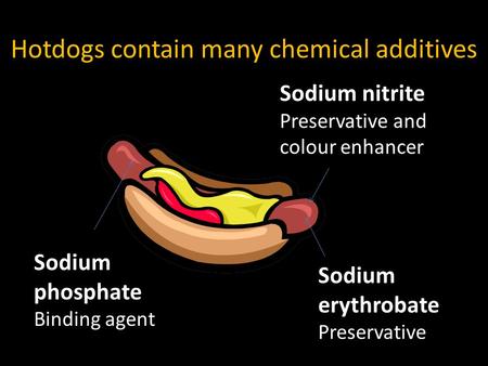 Hotdogs contain many chemical additives Sodium nitrite Preservative and colour enhancer Sodium phosphate Binding agent Sodium erythrobate Preservative.