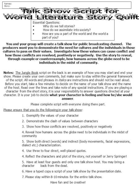 Notes: The Jungle Book script on the back is an example of how you may start and end your show. Please create your own comments, but make sure to stay.