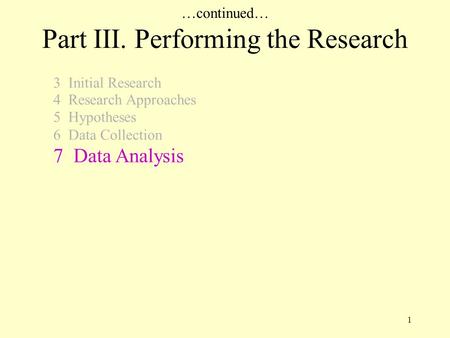 1 …continued… Part III. Performing the Research 3 Initial Research 4 Research Approaches 5 Hypotheses 6 Data Collection 7 Data Analysis.