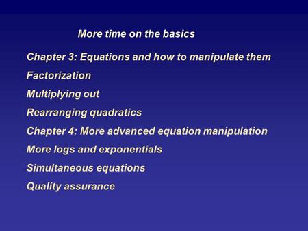 Chapter 3: Equations and how to manipulate them Factorization Multiplying out Rearranging quadratics Chapter 4: More advanced equation manipulation More.