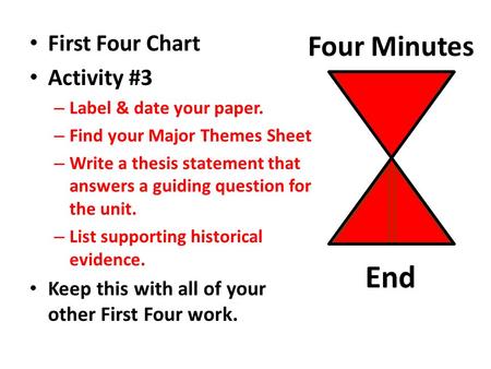 Four Minutes First Four Chart Activity #3 – Label & date your paper. – Find your Major Themes Sheet – Write a thesis statement that answers a guiding.