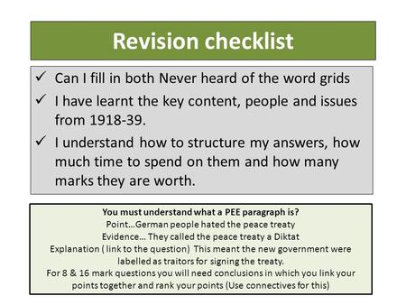 Revision checklist Can I fill in both Never heard of the word grids I have learnt the key content, people and issues from 1918-39. I understand how to.