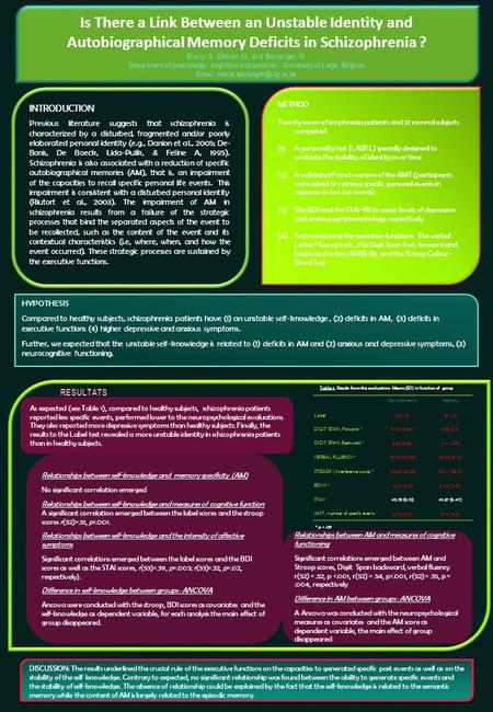 INTRODUCTION Previous literature suggests that schizophrenia is characterized by a disturbed, fragmented and/or poorly elaborated personal identity (e.g.,