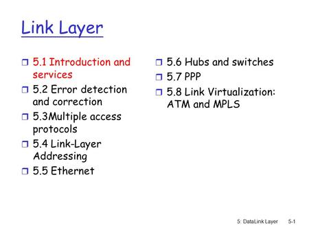 5: DataLink Layer5-1 Link Layer r 5.1 Introduction and services r 5.2 Error detection and correction r 5.3Multiple access protocols r 5.4 Link-Layer Addressing.