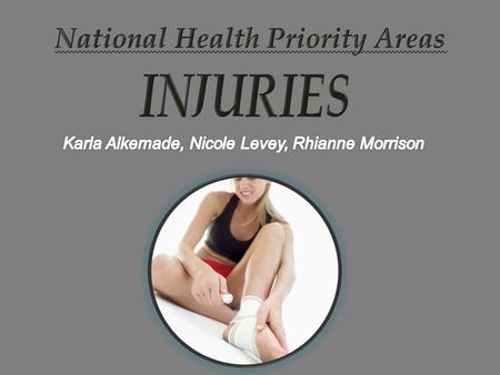  Injuries is one area of the National Health Priority Areas. Injuries include: -Intentional Harm (Suicide) and - Non-Intentional Harm (Falls, poisoning,