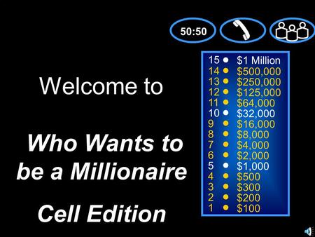 15 14 13 12 11 10 9 8 7 6 5 4 3 2 1 $1 Million $500,000 $250,000 $125,000 $64,000 $32,000 $16,000 $8,000 $4,000 $2,000 $1,000 $500 $300 $200 $100 Welcome.