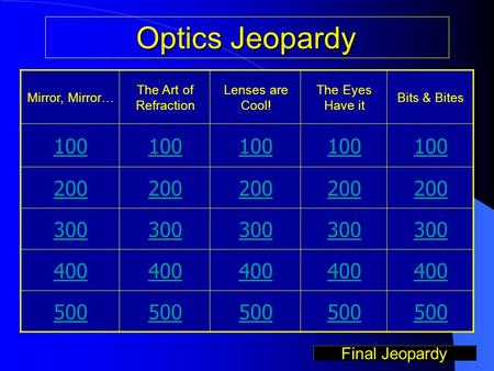 1 Board Optics Jeopardy Mirror, Mirror… The Art of Refraction Lenses are Cool! The Eyes Have it Bits & Bites 100 200 300 400 500 Final Jeopardy.