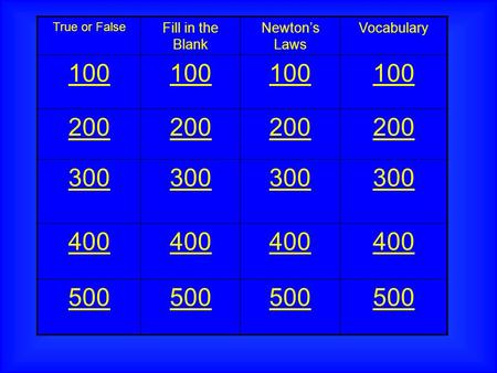 True or False Fill in the Blank Newton’s Laws Vocabulary 100 200 300 400 500.