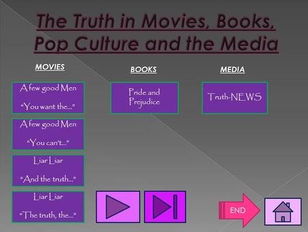 A few good Men “You want the...” MOVIES A few good Men “You can’t…” Liar “And the truth…” Liar “The truth, the…” BOOKS Pride and Prejudice Truth-NEWS.