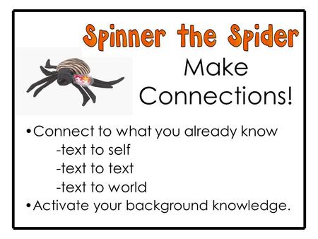 Make Connections! Connect to what you already know -text to self -text to text -text to world Activate your background knowledge.