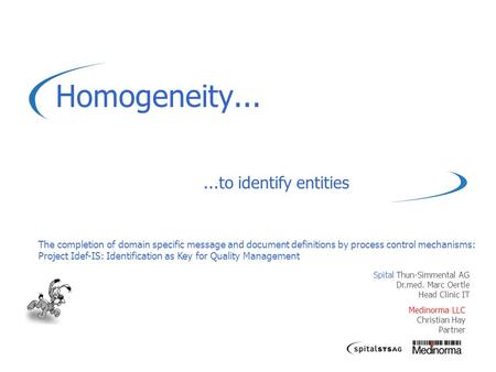 Homogeneity......to identify entities Spital Thun-Simmental AG Dr.med. Marc Oertle Head Clinic IT The completion of domain specific message and document.