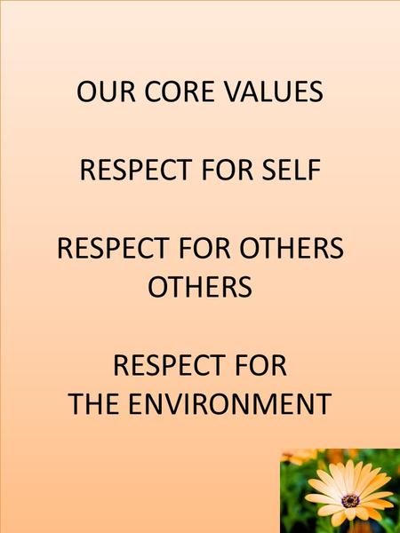 OUR CORE VALUES RESPECT FOR SELF RESPECT FOR OTHERS OTHERS RESPECT FOR THE ENVIRONMENT.