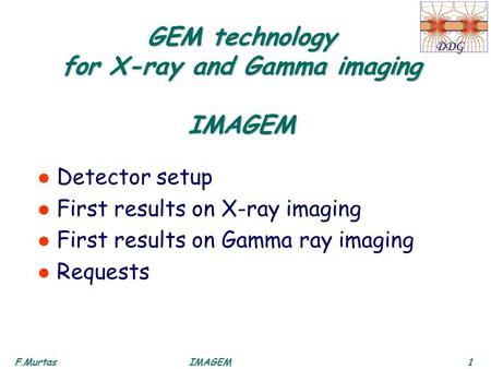 F.Murtas1IMAGEM DDG GEM technology for X-ray and Gamma imaging IMAGEM l Detector setup l First results on X-ray imaging l First results on Gamma ray imaging.