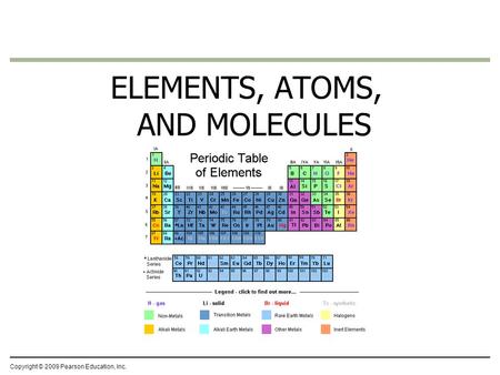 ELEMENTS, ATOMS, AND MOLECULES Copyright © 2009 Pearson Education, Inc.