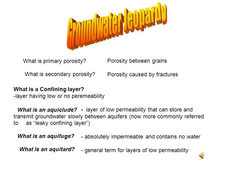 Groundwater Jeopardy What is primary porosity? Porosity between grains