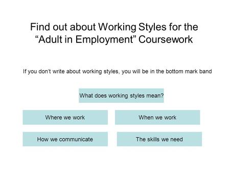 Find out about Working Styles for the “Adult in Employment” Coursework What does working styles mean? Where we workWhen we work How we communicateThe skills.