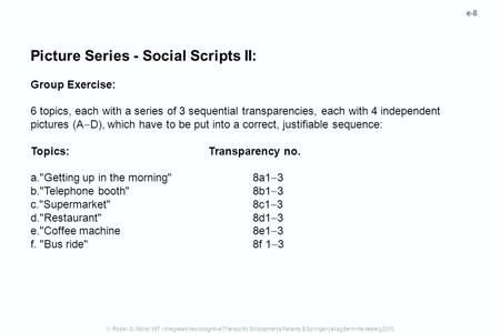 E-8 Picture Series - Social Scripts II: Group Exercise: 6 topics, each with a series of 3 sequential transparencies, each with 4 independent pictures (A.