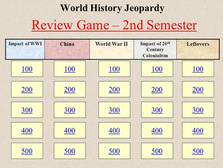 100 200 300 400 500 100 200 300 400 500 100 200 300 400 500 World History Jeopardy 100 200 300 400 500 100 200 300 400 500 Impact of WWI ChinaWorld War.