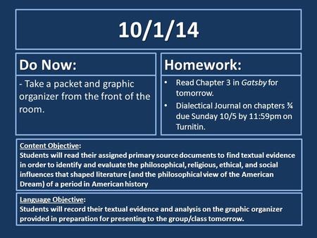 10/1/14 Do Now: - Take a packet and graphic organizer from the front of the room. Homework: Read Chapter 3 in Gatsby for tomorrow. Dialectical Journal.