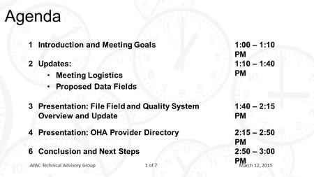 Agenda 1Introduction and Meeting Goals1:00 – 1:10 PM 2Updates: Meeting Logistics Proposed Data Fields 1:10 – 1:40 PM 3Presentation: File Field and Quality.