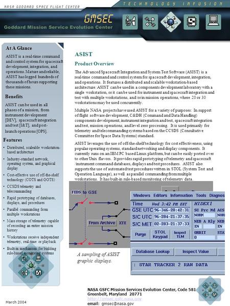 March 2004 At A Glance ASIST is a real-time command and control system for spacecraft development, integration, and operations. Mature and reliable, ASIST.