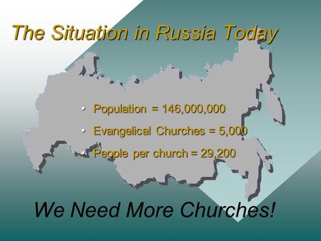 The Situation in Russia Today Population = 146,000,000Population = 146,000,000 Evangelical Churches = 5,000Evangelical Churches = 5,000 People per church.