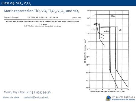 Materials 286K Class 09. VO 2, V 2 O 3 Morin reported on TiO, VO, Ti 2 O 3, V 2 O 3, and VO 2 Morin, Phys. Rev. Lett. 3 (1959) 34–36.