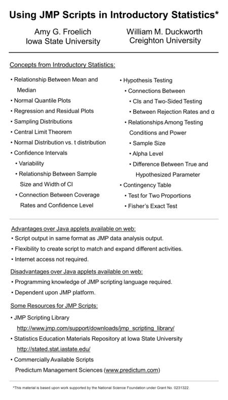 Using JMP Scripts in Introductory Statistics* Amy G. Froelich Iowa State University William M. Duckworth Creighton University Concepts from Introductory.