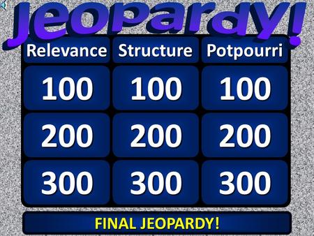 300 200 100 Structure 300 200 100 Potpourri FINAL JEOPARDY! FINAL JEOPARDY! 300 200 100 Relevance.