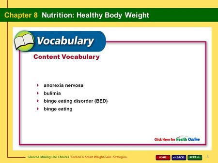 Glencoe Making Life Choices Section 6 Smart Weight-Gain Strategies Chapter 8 Nutrition: Healthy Body Weight 1 > HOME Content Vocabulary anorexia.