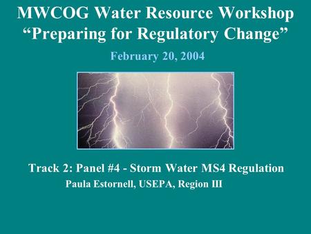 MWCOG Water Resource Workshop “Preparing for Regulatory Change” February 20, 2004 Track 2: Panel #4 - Storm Water MS4 Regulation Paula Estornell, USEPA,