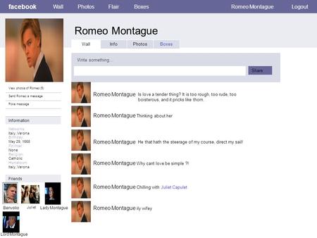 Romeo Montague facebook Wall Photos Flair Boxes Romeo Montague Logout