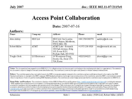 Doc.: IEEE 802.11-07/2115r0 Submission July 2007 Alex Ashley (NDS Ltd), Robert Miller (AT&T)Slide 1 Access Point Collaboration Notice: This document has.