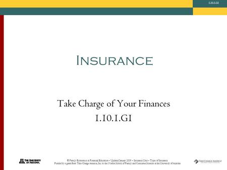 © Family Economics & Financial Education – Updated January 2009 – Insurance Unit – Types of Insurance Funded by a grant from Take Charge America, Inc.