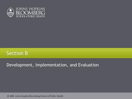  2008 Johns Hopkins Bloomberg School of Public Health Section B Development, Implementation, and Evaluation.