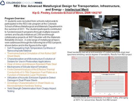 REU Site: Advanced Metallurgical Design for Transportation, Infrastructure, and Energy – Intellectual Merit Kip O. Findley, Colorado School of Mines, DMR.