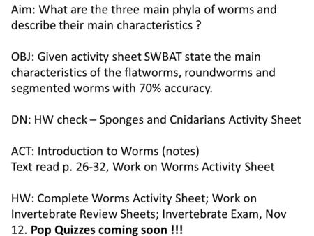 Aim: What are the three main phyla of worms and describe their main characteristics ? OBJ: Given activity sheet SWBAT state the main characteristics of.