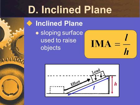 D. Inclined Plane  Inclined Plane sloping surface used to raise objects h l.