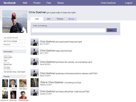 Facebook Chris Goehner got a great night of sleep last night! WallPhotosFlairBoxesChris GoehnerLogout View photos of Chris (5) Send Chris a message Poke.