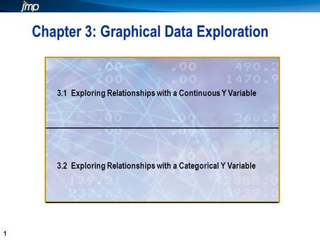 1 1 Chapter 3: Graphical Data Exploration 3.1 Exploring Relationships with a Continuous Y Variable 3.2 Exploring Relationships with a Categorical Y Variable.