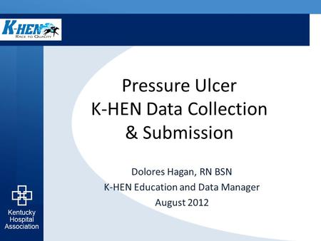 Pressure Ulcer K-HEN Data Collection & Submission Dolores Hagan, RN BSN K-HEN Education and Data Manager August 2012.